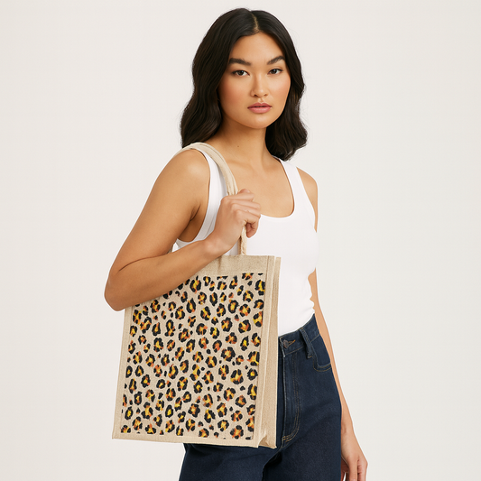 Eco-Friendly Natural Jute Tote Bag – Cheetah-Inspired Printed Reusable Bag for Shopping, Groceries, Travel, Beach, and Daily Use