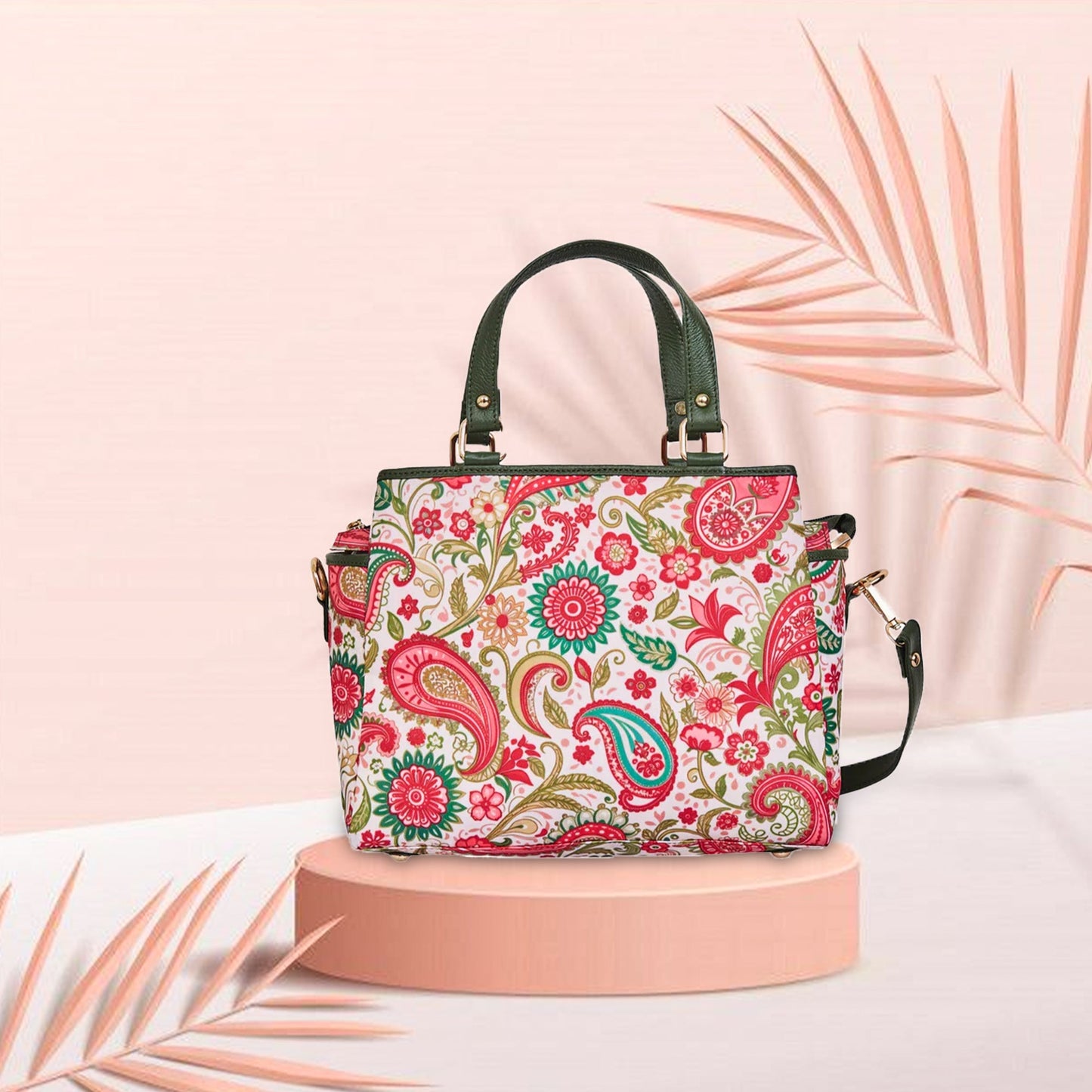 Paisley Print Multi-Compartment Satchel bag for Women with Leather Details