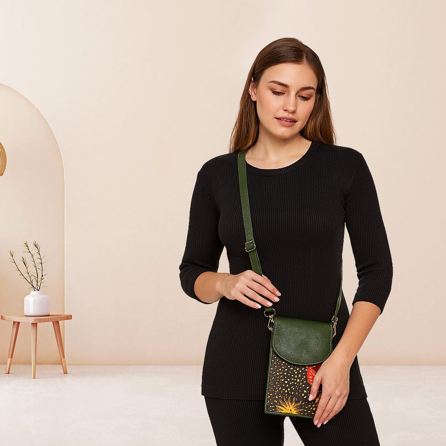 Coastal Calm leather trim Cell Phone Crossbody Wallet for Women