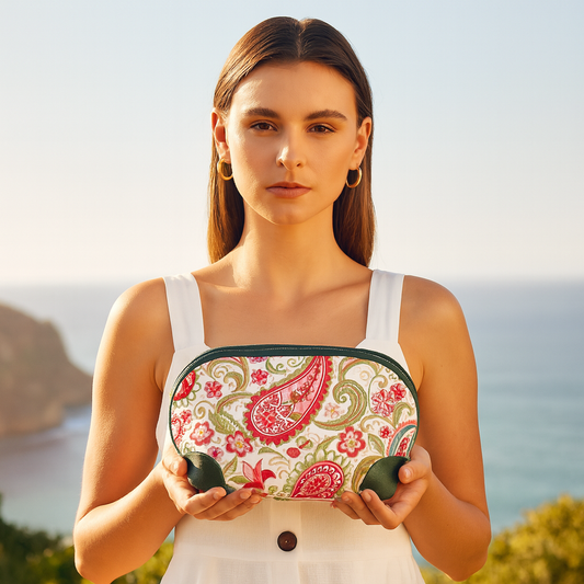 Paisley Pattern Cosmetic Bag with Luxurious Leather Details for Women