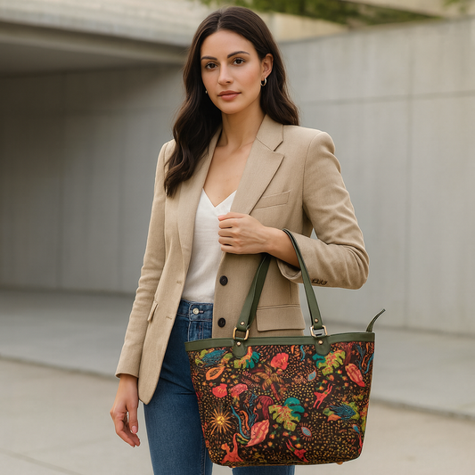 Coastal Bliss Fabric Tote Bag with Leather Detailing and Zip Closure for Women