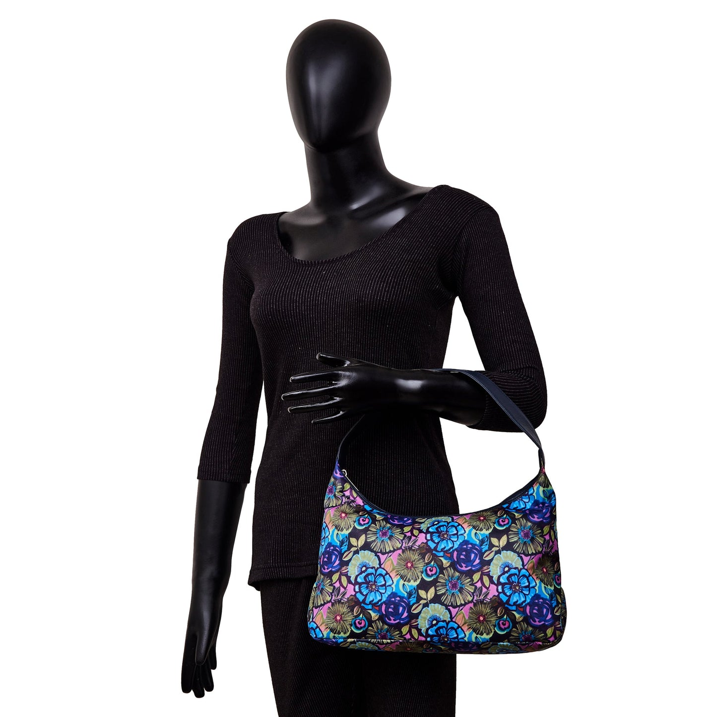 Hobo Sling Bag with Leather Accents and Botanical Print Fabric