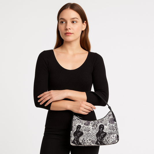 Sling Hobo Bag in Monochrome Print with Leather Trim
