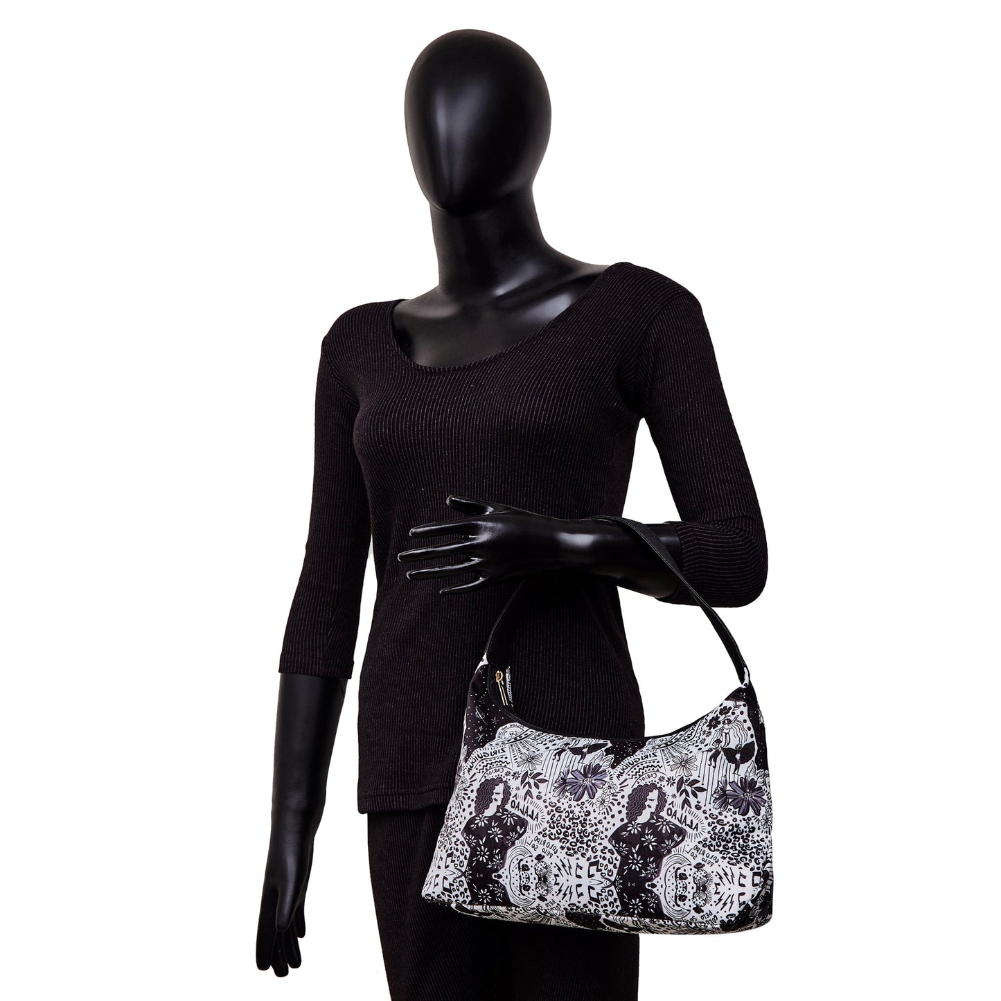 Sling Hobo Bag in Monochrome Print with Leather Trim