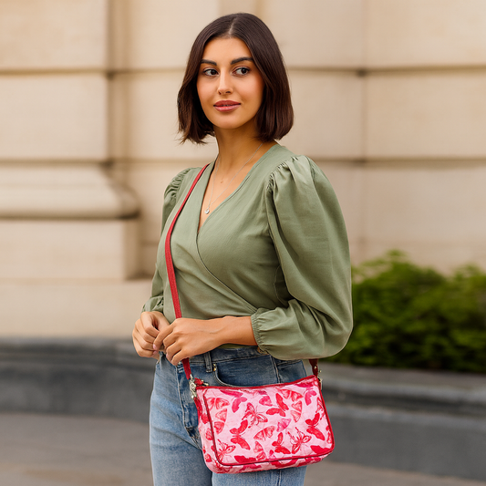 Butterfly East/West Women's Hobo bag with Adjustable Strap and Leather Trim