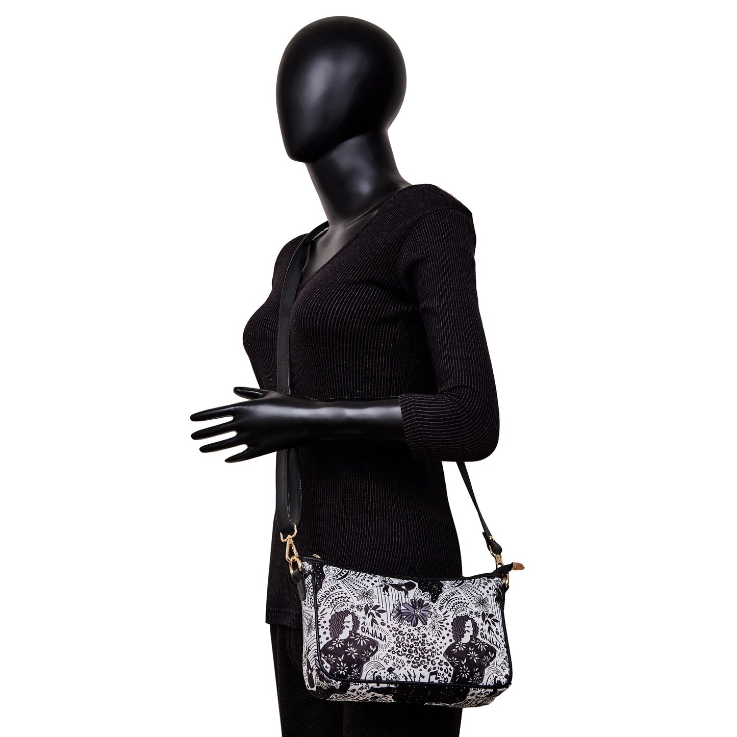 East/West Ladies Hobo in Black and White with Leather Trim