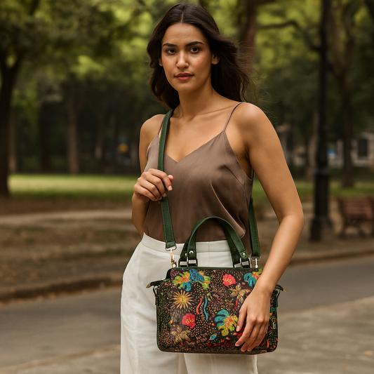 Satchel Bag with Coastal Print and Leather Outer Trim