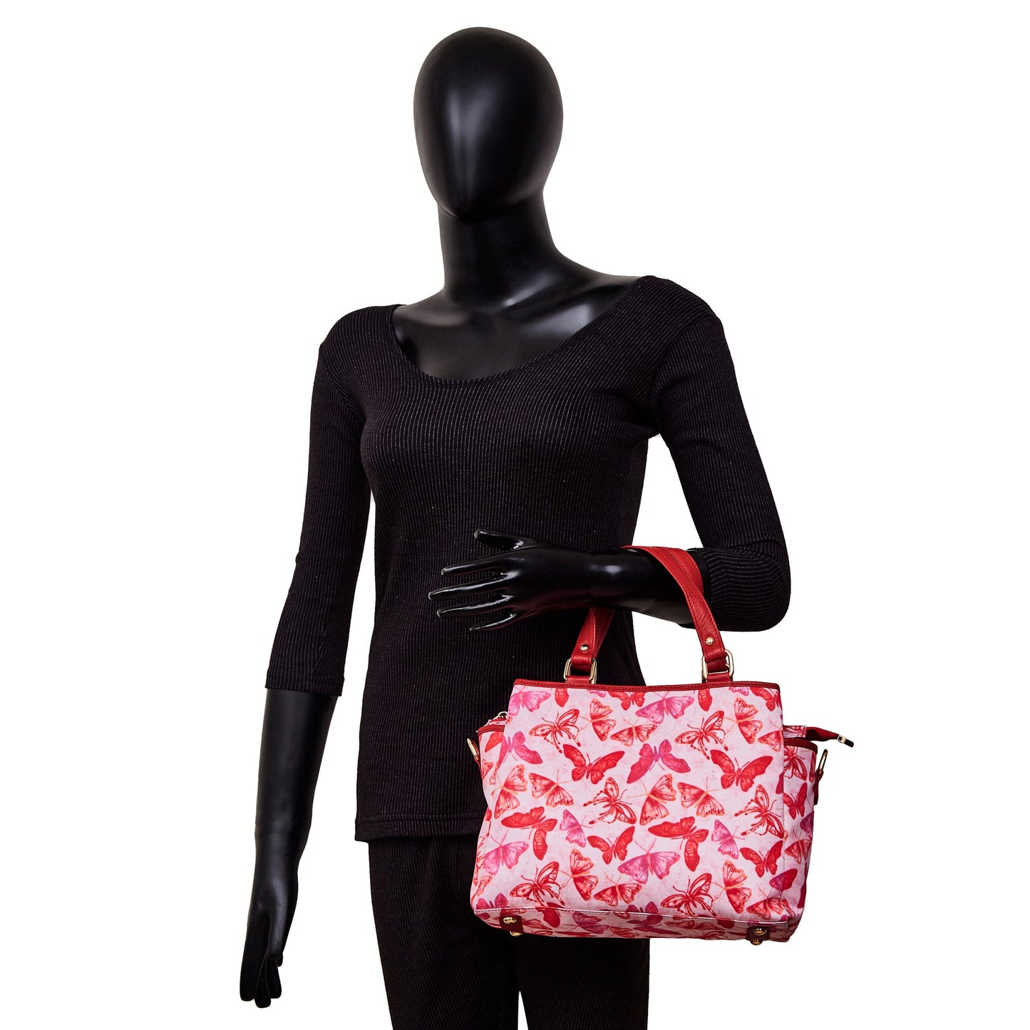Women's Satchel Bag with Butterfly Wings Print and Geniune Leather Details