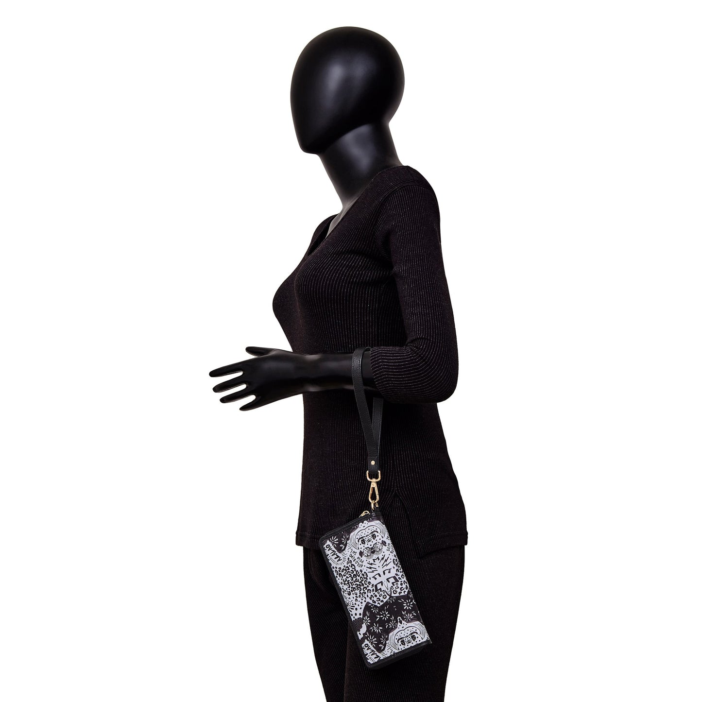 Wristlet Travel Wallet with Leather Trim – Black and White Prints for Ladies