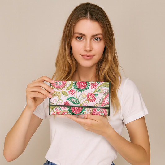 Elegant Paisley Print Tri-Fold Wallet with Leather Detailing for Sophisticated Organization