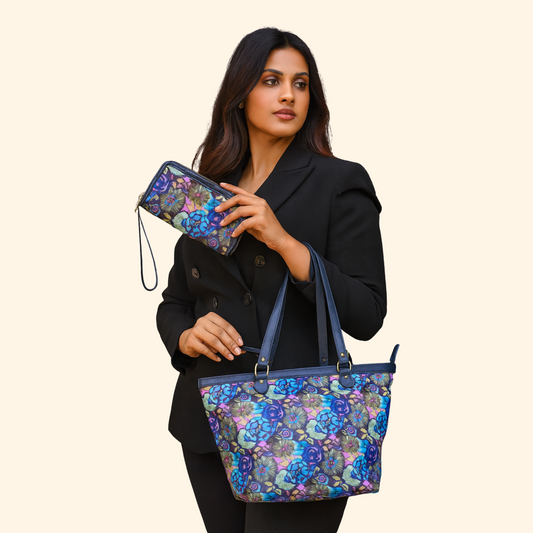 Botanical Print Leather Tote Bag & Wristlet Wallet Combo for Women