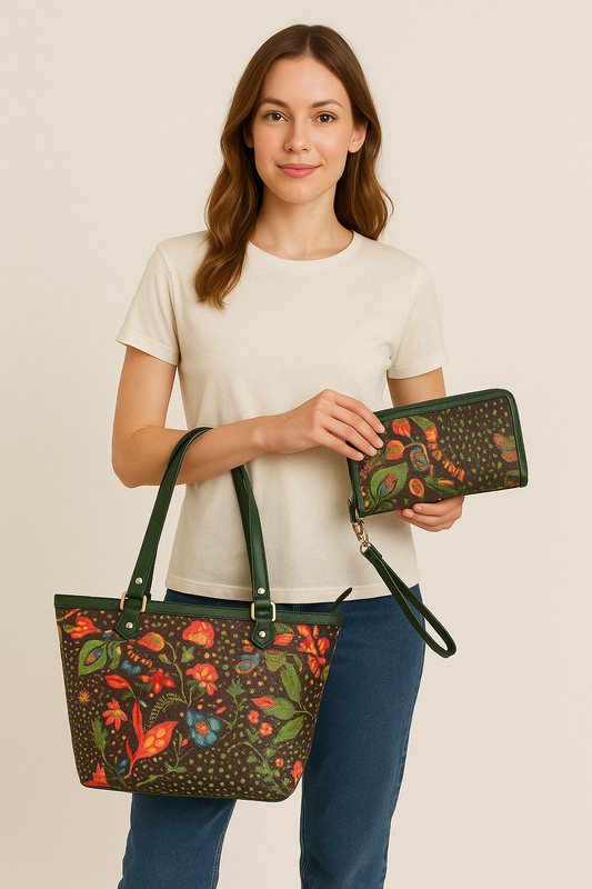 Coastal Pattern Leather Trimmed Tote Bag & Wristlet Wallet for Women