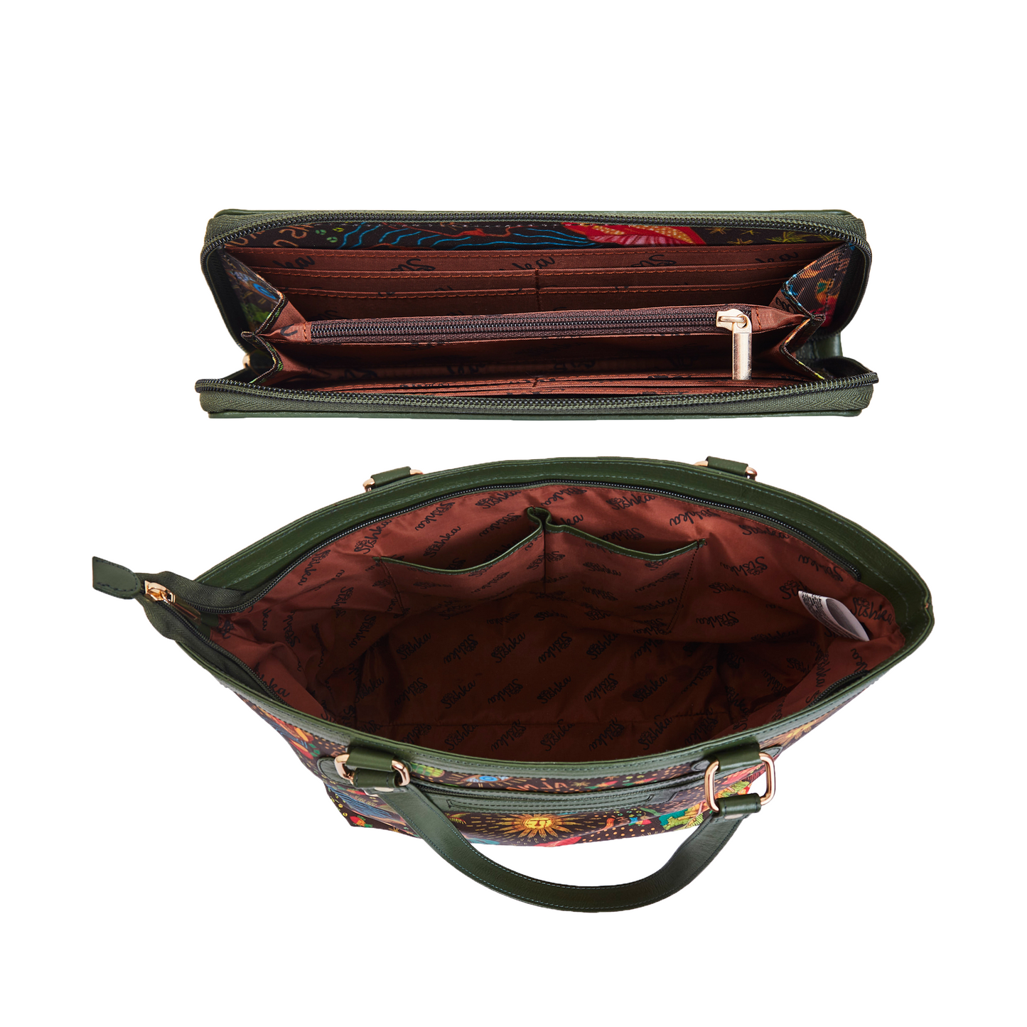 Coastal Pattern Leather Trimmed Tote Bag & Wristlet Wallet for Women