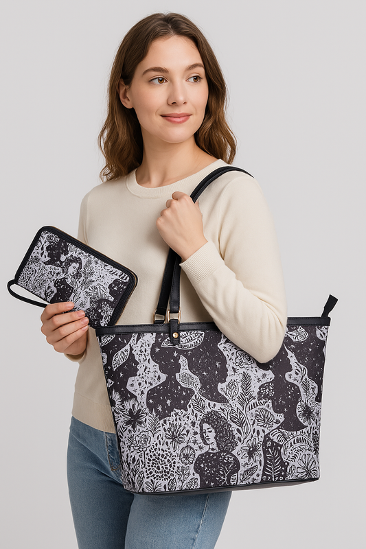 Elegant Monochrome Print Tote & Wristlet Set of 2 for women Stylish Leather Detailing