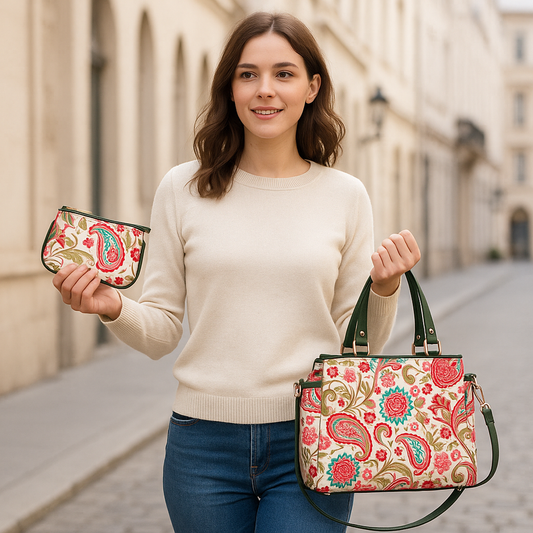 Satchel & Coin Pouch Combo for Ladies Paisley Print with Leather Detailing