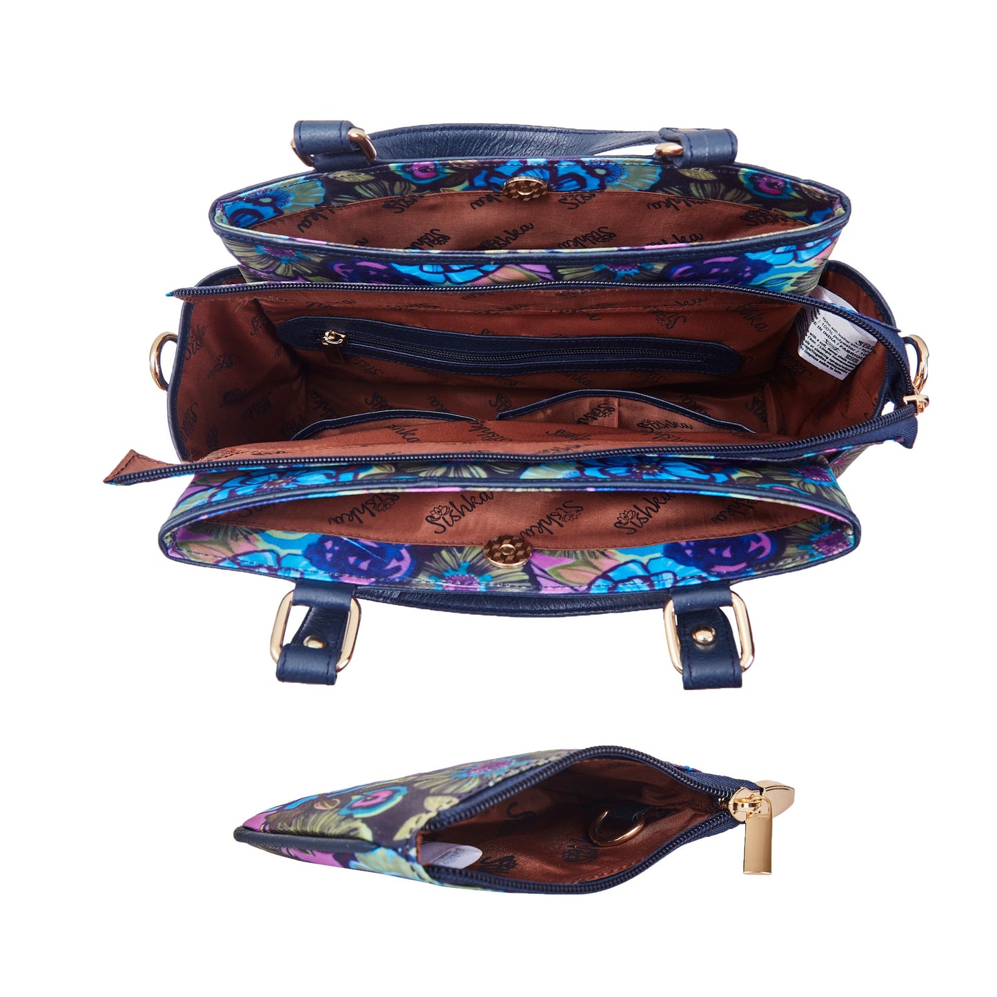 Leather Satchel Bag & Coin Pouch Combo for Women Botanical Print