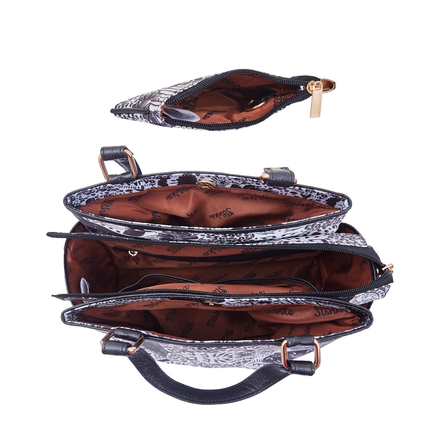 Women's Satchel bag & Coin Pouch Elegant Monochrome Print and Leather Accents