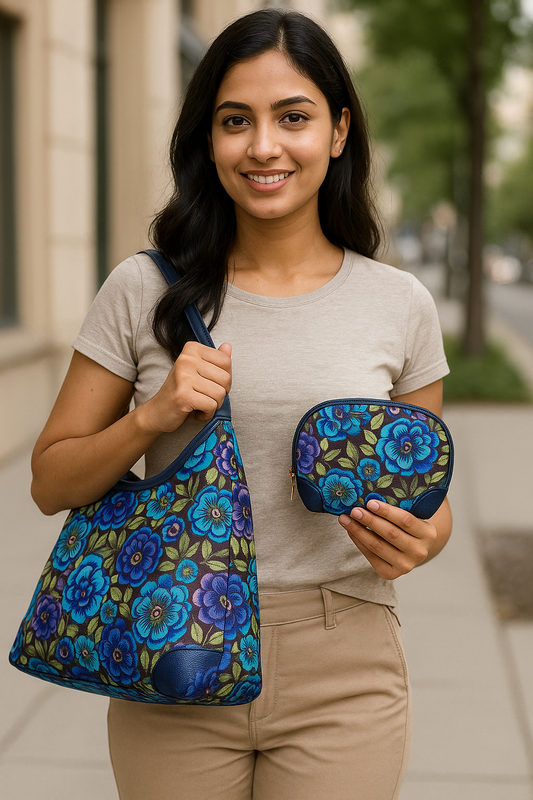 Botanical Print Sling Hobo & Cosmetic Bag Combo with Leather Trim