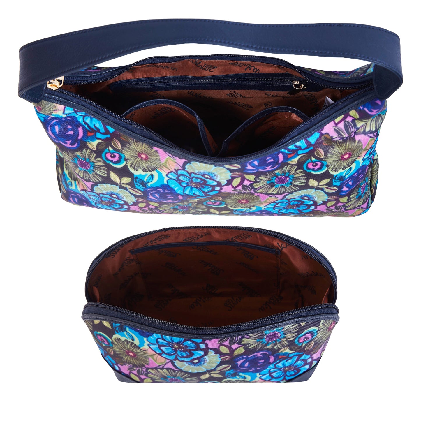 Botanical Print Sling Hobo & Cosmetic Bag Combo with Leather Trim