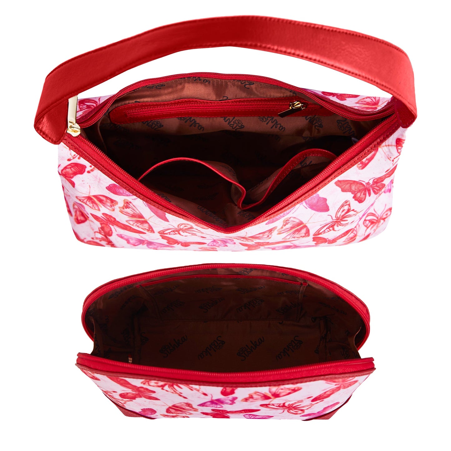 Women's Leather Accents Sling Hobo & Cosmetic Bag Combo with Butterfly Print