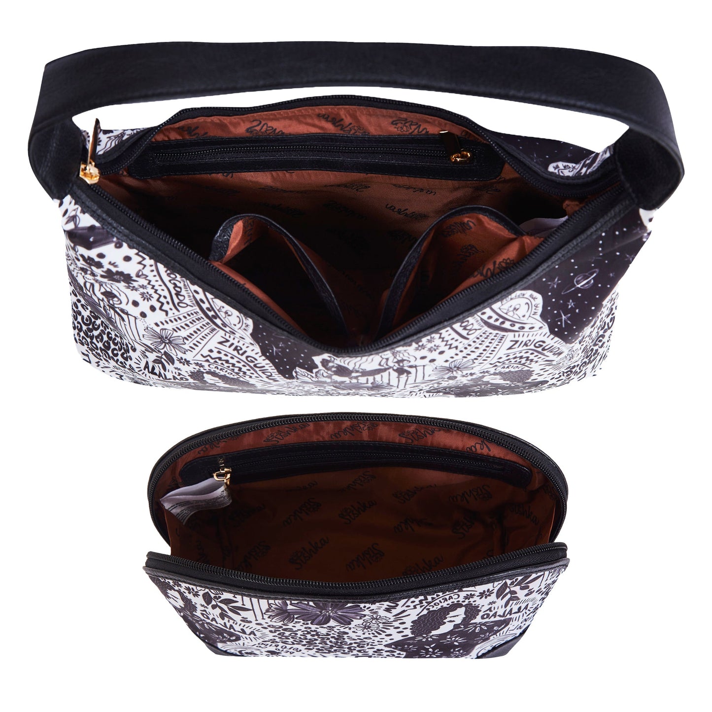 Monochrome Leather Trim Sling Hobo & Cosmetic Bag Combo for ladies