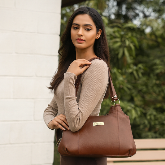 Sishka Brown Satchel Bag – Designer Round Handle Shoulder Handbag, Stylish Leather Tote Purse for Women and Ladies, Elegant Genuine Leather Bag (H 9" x W 13.5" x D 5").