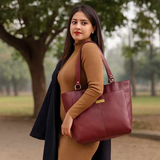 Sishka Cherry Red Tote Bag for Women – Classic Genuine Leather Shoulder Handbag, Stylish Top Handle Satchel, Spacious Ladies Purse, Ideal for Everyday Use