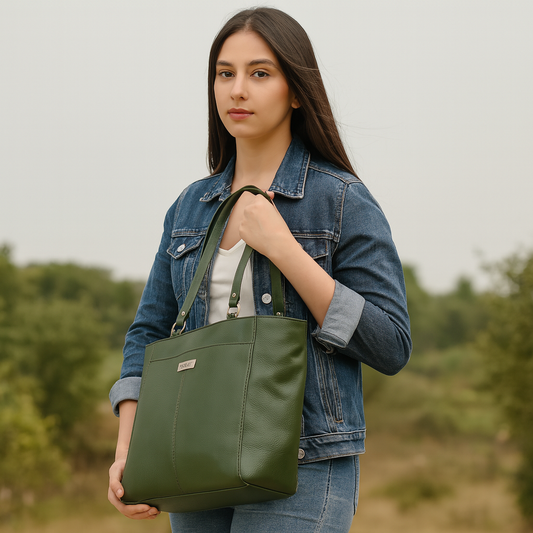 Olive Tote Bag for Women | Sishka Elegant Genuine Leather Satchel, Stylish Top Handle Shoulder Handbag, Spacious Ladies Purse Perfect for Office, Parties, Trips & Daily Use