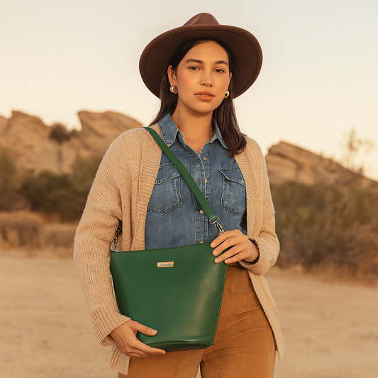 Olive Genuine Leather Bucket Hobo Bag for Women – Trendy Tote Shoulder Purse