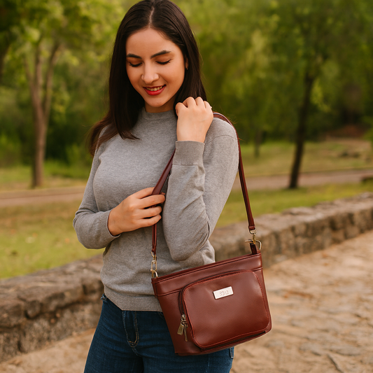 Cherry Red Genuine Leather Shoulder Handbag – Women’s Tote with Front Pocket