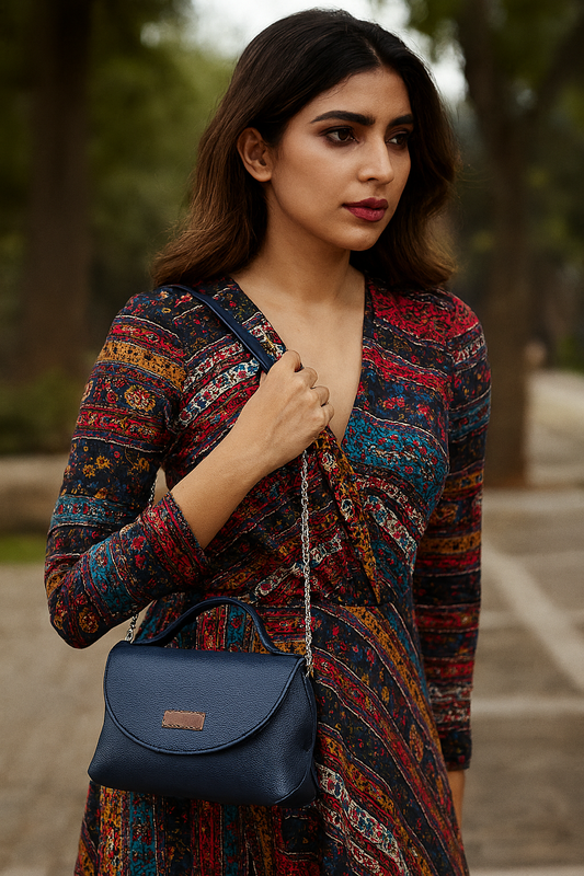 Blue Vegan Leather Crossbody Sling Bag – Women’s Chain Strap Shoulder Handbag