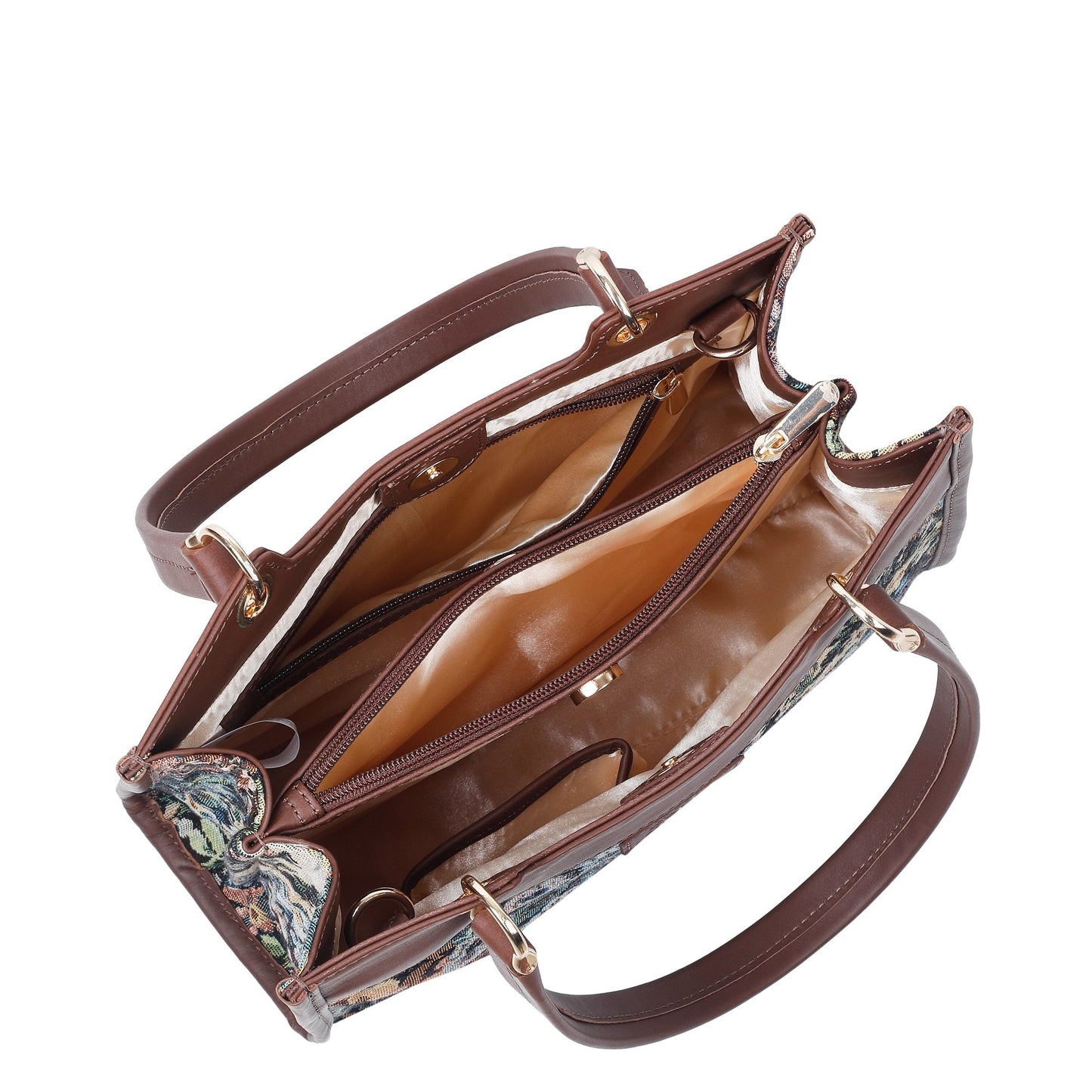 Women’s Botanical Tapestry Satchel Bag – Leather-Trimmed Handbag, Crossbody & Shoulder Purse