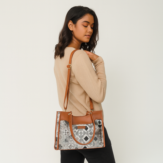 Wholesale Abstract Tapestry Satchel Bag Crossbody Top Handle Handbag for Women with Vegan Leather Trim
