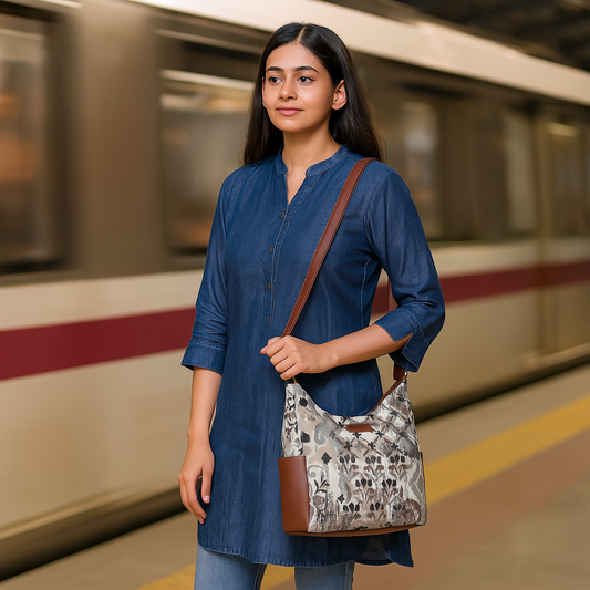 Abstract Tapestry Hobo Crossbody Bag – Women’s Shoulder Sling Handbag with Leather Trim