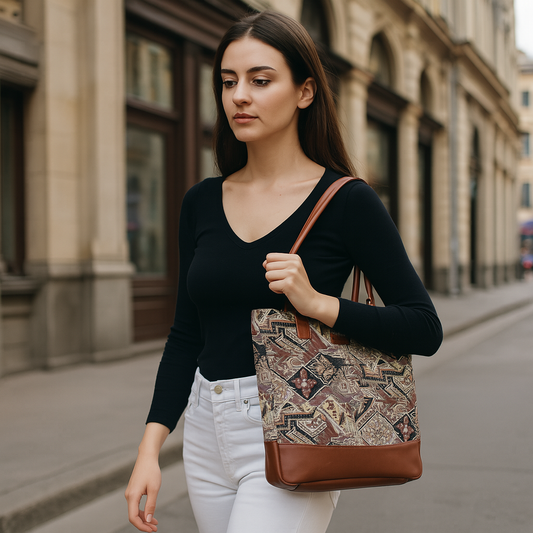 Geometric Tapestry Tote Bag for Women – Leather-Trimmed Shoulder Purse for Daily Use & Work