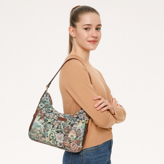 Botanical Design Tapestry Fabric Hobo Bag For Women | Shoulder & Satchel Purse with Leather Trim and Strap for Travel & Casual Use