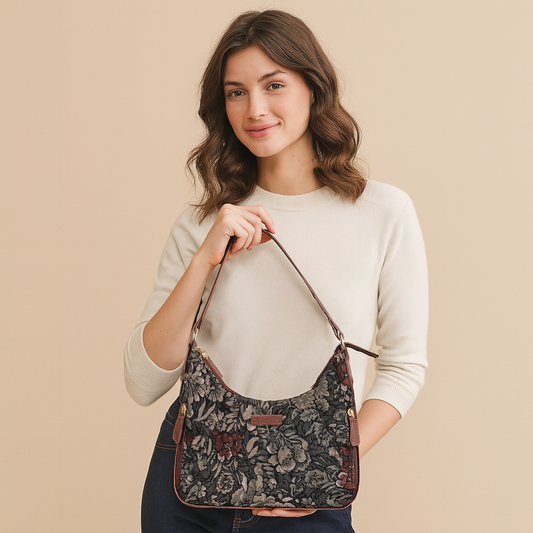 Women's Hobo Bag in Tapestry Vintage Pattern Fabric | Leather-Trimmed Shoulder & Sling Purse with Leather Strap for Daily Use