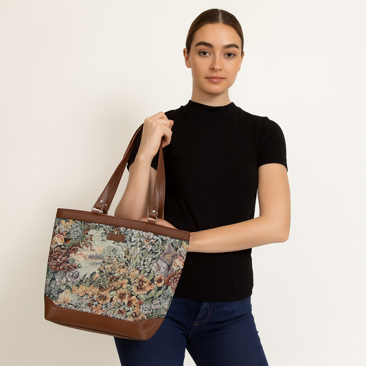 Women’s Botanical Tapestry Tote Bag – Stylish Top Handle Handbag with Leather Accents for Office & Travel