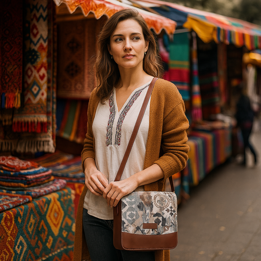 Abstract Tapestry Crossbody Sling Bag – Women’s Shoulder Purse with Leather Trim