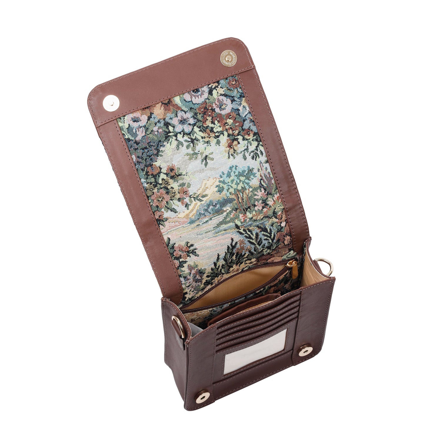 Botanical Tapestry Crossbody Sling Bag – Women’s Shoulder Purse with Leather Trim