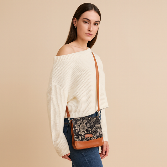 Vintage Tapestry Crossbody Bag – Women Sling Shoulder Purse with Vegan Leather Trim Handle