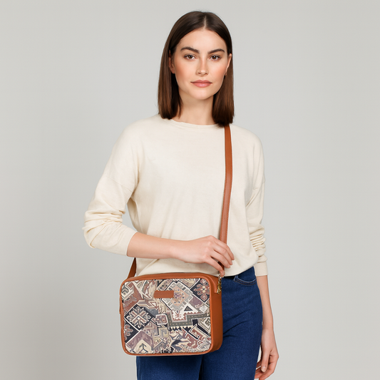 Ladies’ Geometric Tapestry Sling Bag – Vegan Leather Crossbody Satchel with Adjustable Strap for Office, Errands & Outings