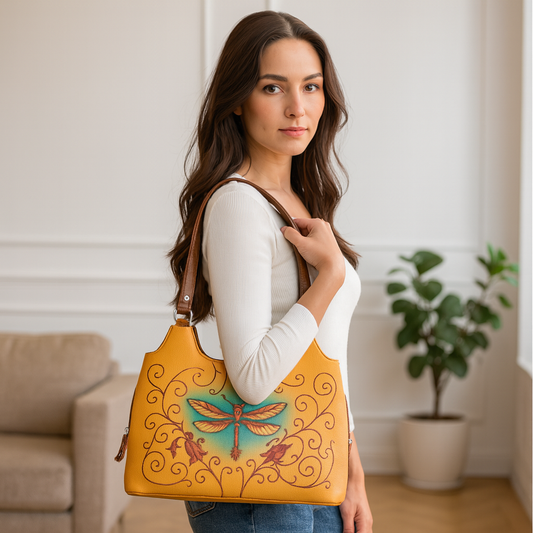 Printed Genuine Leather Shoulder Tote Bag for Women – Stylish Top Handle Handbag Purse– Travel, Office & Daily Use