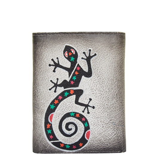 Hand-painted trifold wallet for women with a Black Lizard design