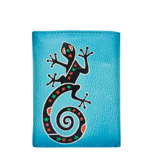 Hand-painted trifold wallet for women with a Lizard design