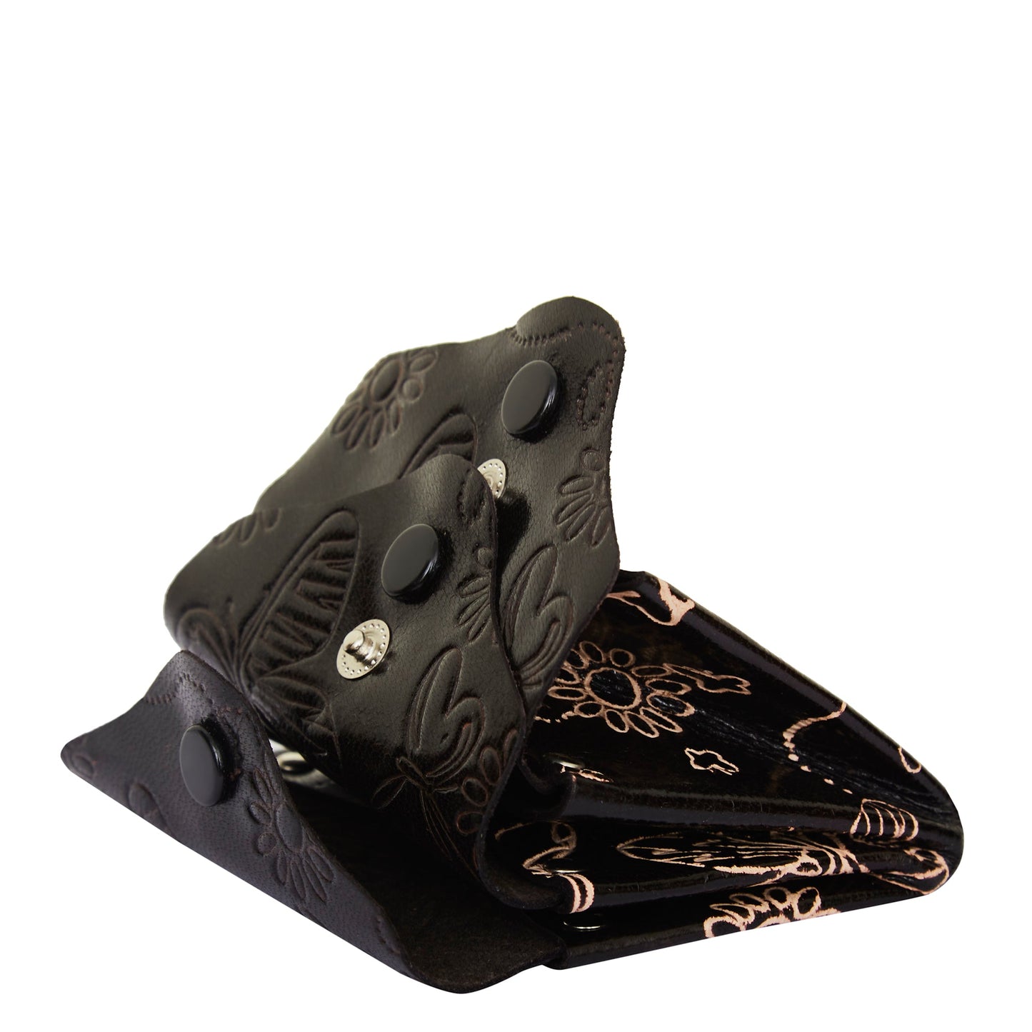 Hand-Painted Black Leather Purse with Three Button Charm