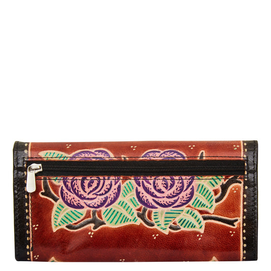 Hand-Painted Red Leather Wallet with Pink Flower Accent
