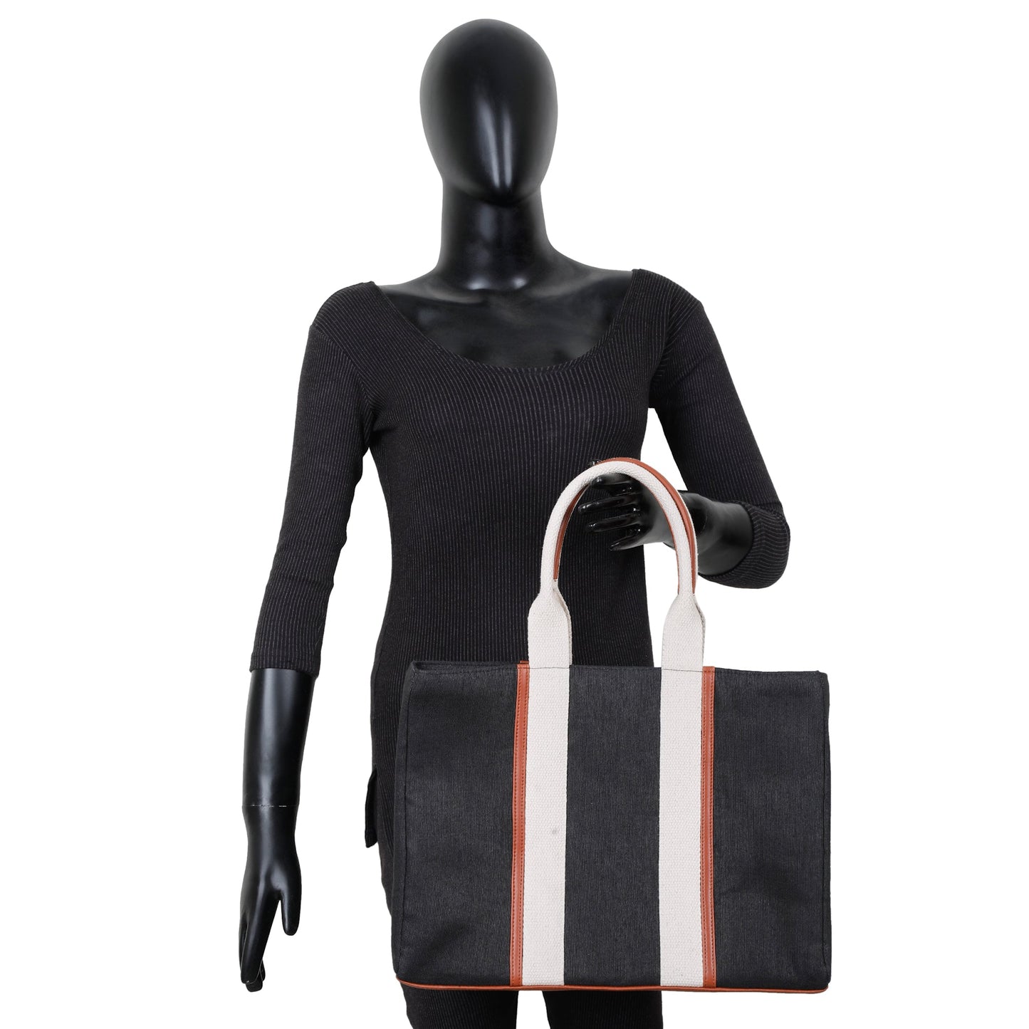Wholesale Black Canvas Tote Handbag with Zipper Strap