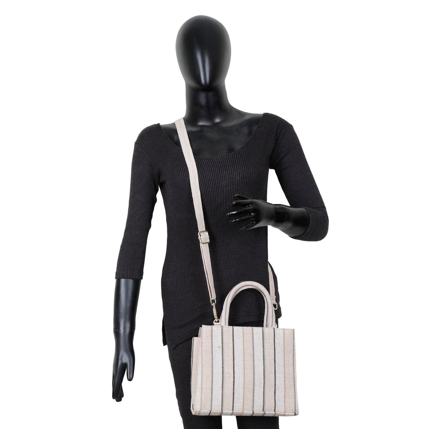 Wholesale Neutral Striped Canvas Crossbody Tote Handbag for Daily use