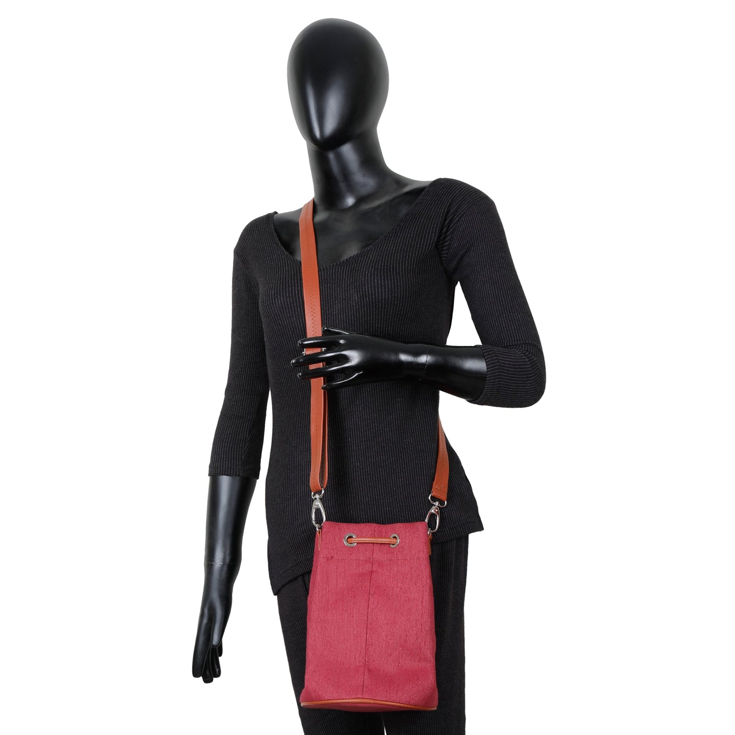 Wholesale Pink Fabric Bucket Crossbody Sling bag with Vegan Leather